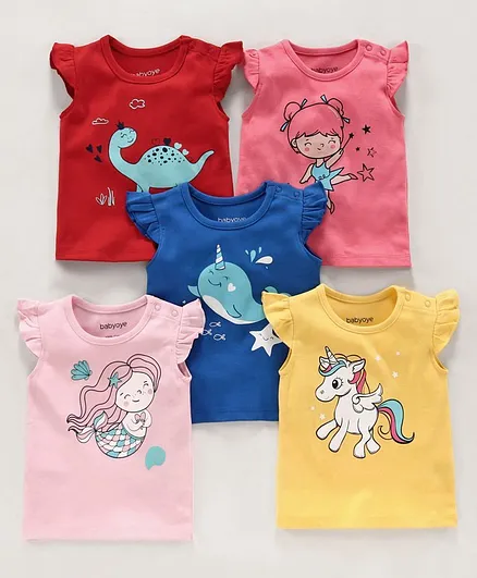 Babyoye Flutter Sleeves Printed Tee Pack of 5 - Multicolor