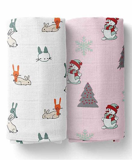 Mom's Home Muslin Swaddle Wrapper Animal & Tee Print Pack of 2 - White Pink