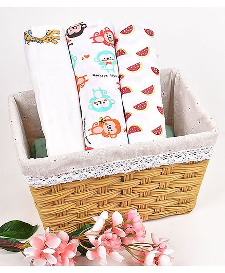 Mom's Home Cotton Muslin Swaddle Wrapper Animal & Fruits Print Pack of 3 - White