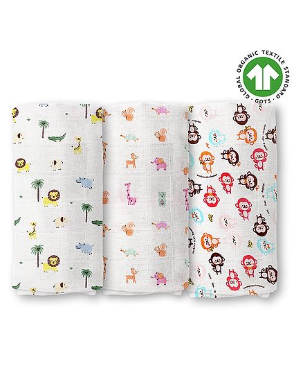 Mom's Home Cotton Muslin Swaddle Animal Print Pack of 3 - White