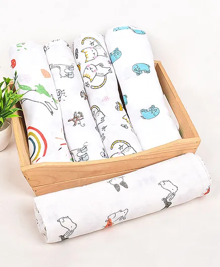 Mom's Home Cotton Soft Baby Muslin Swaddle Multi Print Pack of 5 - Multicolor