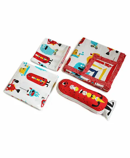 Silverlinen Silly Monsters Design 4 Piece Bedding Set - Red White