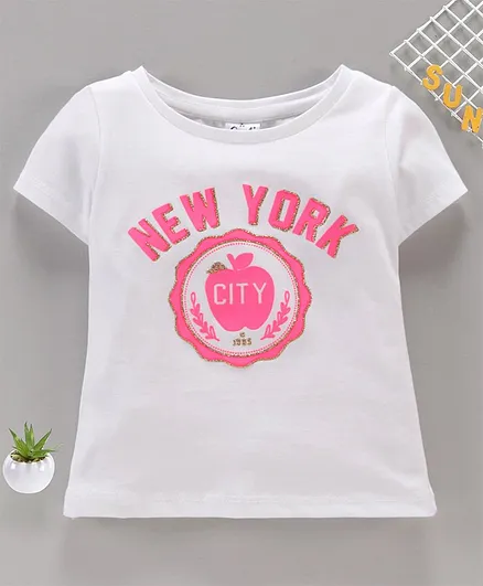 Simply Half Sleeves Top New York Print with Glitter - White