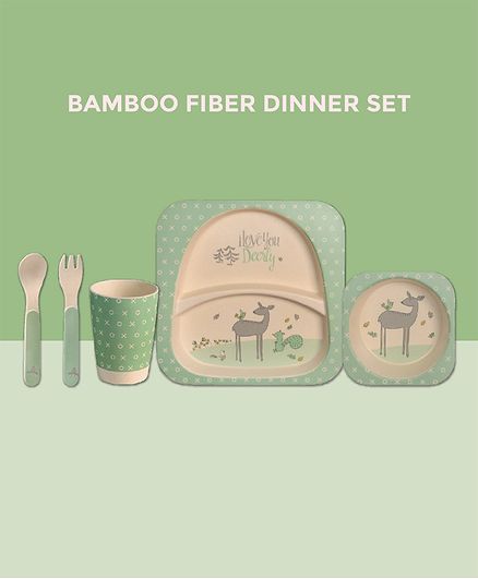 Polka Tots Bamboo Fiber Deer Design Kids Crockery Dining Set Pack Of 5 - Green
