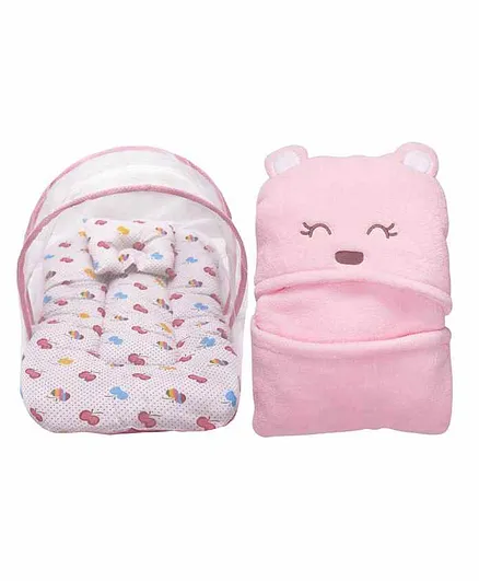My NewBorn Mattress With Mosquito Net & Hooded Blanket - White & Pink