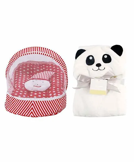 My NewBorn Mattress Set With Mosquito Net & Hooded Blanket Bear Design - Red White