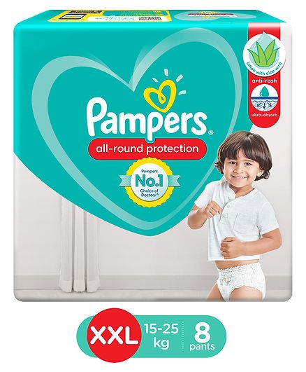 Pampers All round Protection Pants, Double Extra Large size (XXL) 8 Count, Anti Rash diapers, Lotion with Aloe Vera