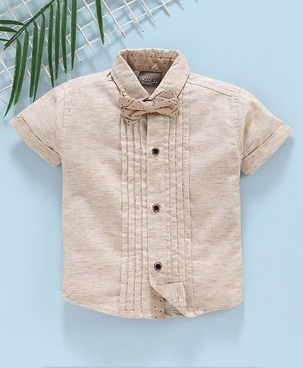 Little Kangaroos Half Sleeves Solid Color Shirt with Bow - Beige