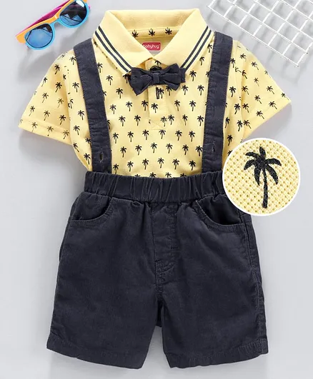 Babyhug Half Sleeves Tee & Corduroy Shorts with Suspenders Coconut Print - Yellow Black