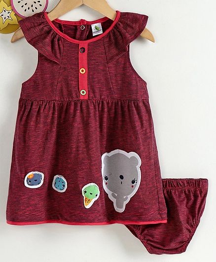 Cucumber Flutter Sleeves Striped Frock with Bloomer Ice Cream Patch - Red