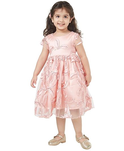 Tic Tac Toe Fit Short Sleeves Leaves Embroidered Dress - Light Pink
