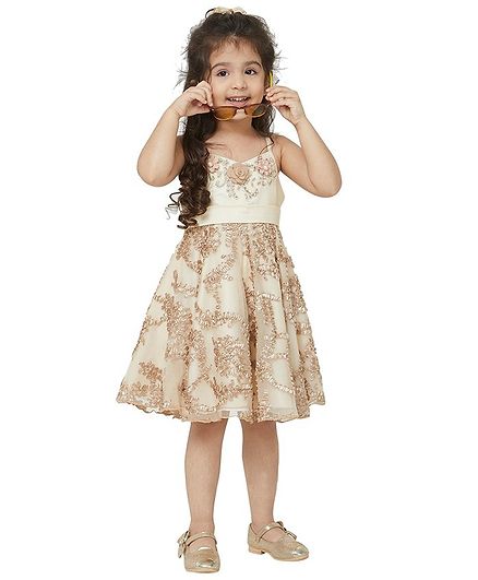 Tic Tac Toe Sleeveless Embroidered Flower Detailed Dress - Beige