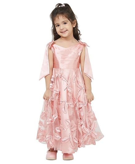 Tic Tac Toe Sleeveless Leaves Embroidered Gown - Pink