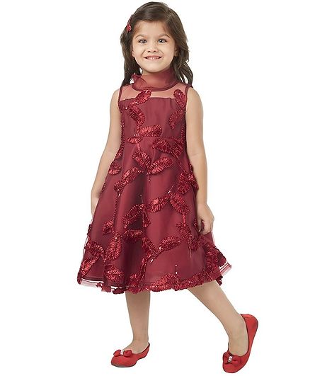 Tic Tac Toe Sleeveless Leaf Embroidered Dress - Maroon