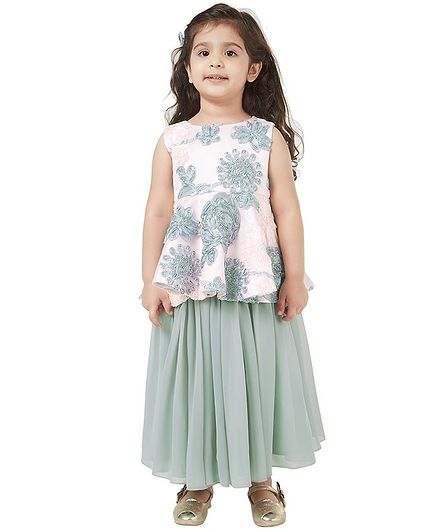 Tic Tac Toe Floral Embroidered Sleeveless Top With Skirt - Pink Grey