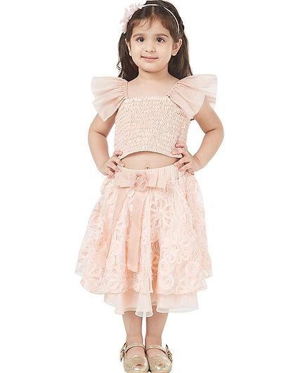 Tic Tac Toe Cap Sleeves Smocked Top With Floral Decor Skirt - Light Peach