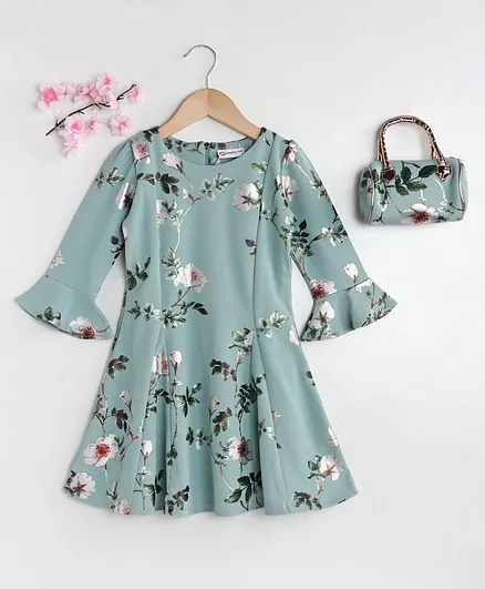 Peppermint Full Sleeves Flower Print Dress With Bag - Green