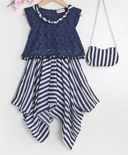 Peppermint Cap Sleeves Floral Work Asymmetrical Hemline Dress With Bag - Blue