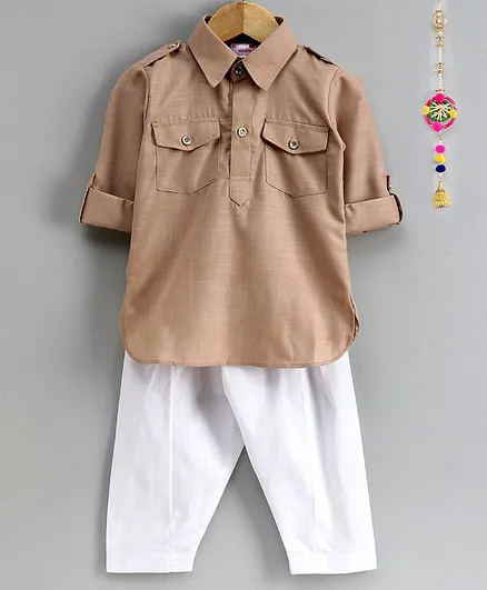 Ridokidz Full Sleeves Solid Pathani Kurta With Pyjama - Beige