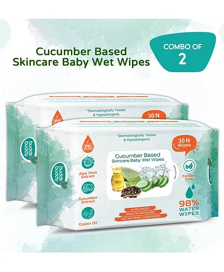 Buddsbuddy Cucumber Based Skincare Wet Baby Wipes Pack of 2 - 30 Pieces Each
