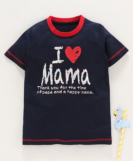 Stupid Cupid I Love Mama Print Half Sleeves Tee - Navy Blue