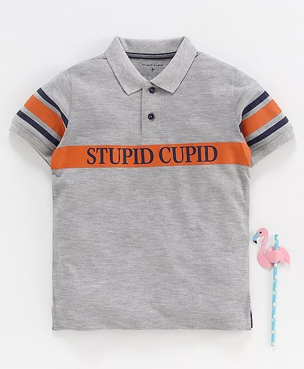 Stupid Cupid Printed Half Sleeves Polo Tee - Grey