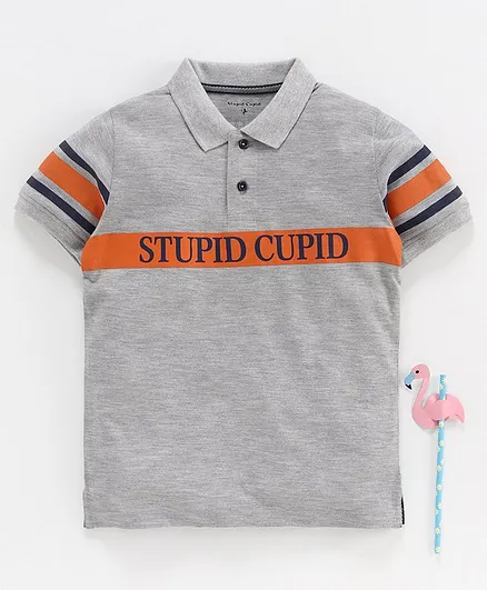 Stupid Cupid Printed Half Sleeves Polo Tee - Grey