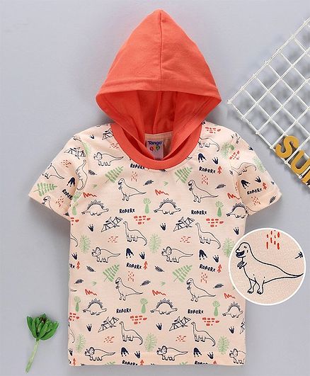 Tango Half Sleeves Hooded T-Shirt Allover Dino Print - Orange