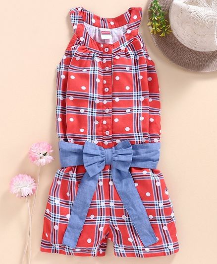 Babyhug Checked Sleeveless Jumpsuit Bow Applique - Red Blue