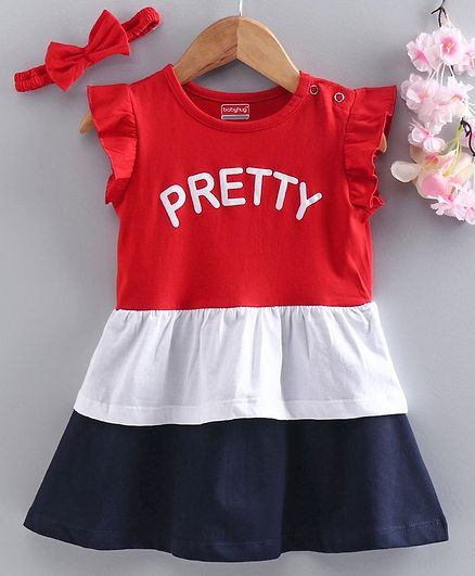 Babyhug Flutter Sleeves Frock with Headband Pretty Print - Red White Navy Blue