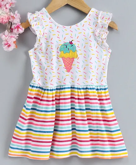Babyhug Frill Sleeves Frock Ice Cream Embroidery - White