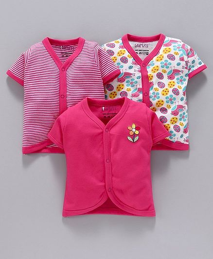 BUMZEE Pack Of 3 Half Sleeves Bird Printed & Striped Jablas - Dark Pink