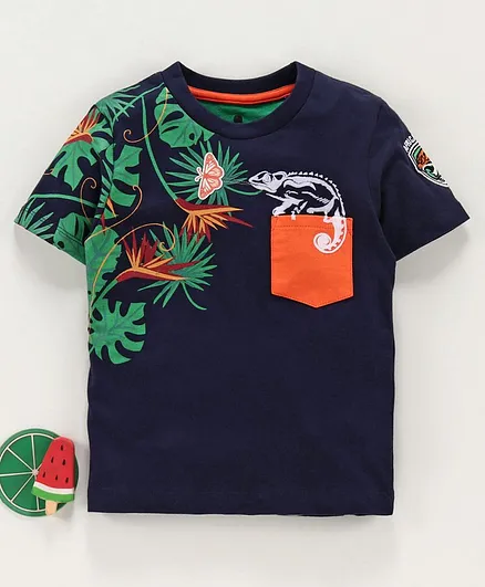 Under Fourteen Only Half Sleeves Leaves Print Tee - Blue