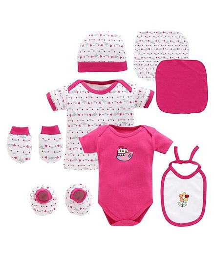 BUMZEE Heart Printed Half Sleeves Set Of 8 Onesie With Cap Napkin Bib Mittens & Booties - Pink