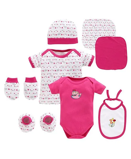 BUMZEE Heart Printed Half Sleeves Set Of 8 Onesie With Cap Napkin Bib Mittens & Booties - Pink