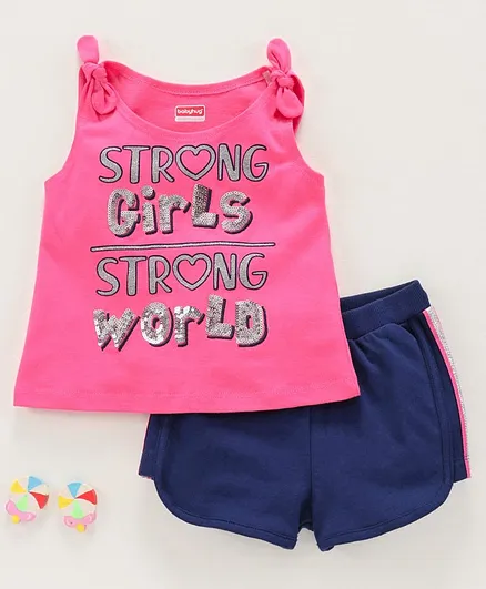 Babyhug Sleeveless Top & Shorts Sequin Text Detailing - Pink Navy Blue