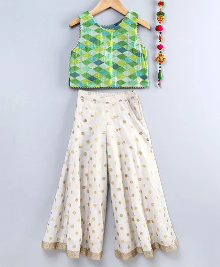 Lil Peacock Sleeveless Chanderi Print Top With Gold Lace & Palazzo Set - Green