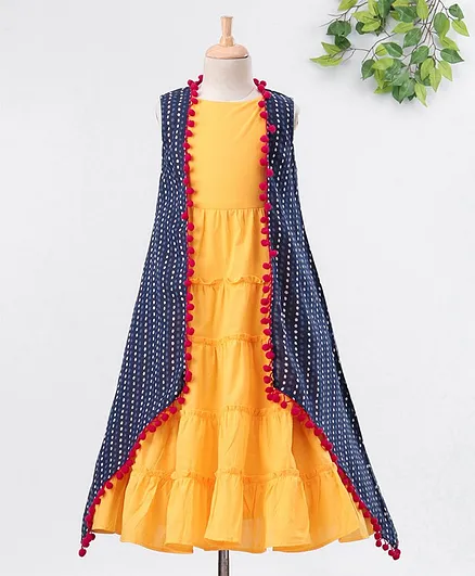 Lil Peacock Sleeveless Tiered Dress With Dots Printed Cape- Yellow