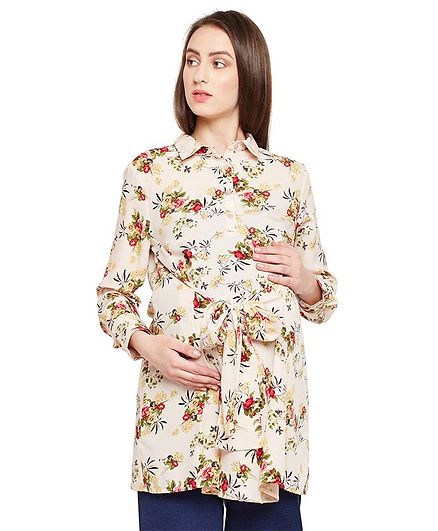 Oxolloxo Full Sleeves Floral Print Maternity Tunic - Beige