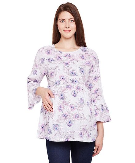 Oxolloxo Full Sleeves Peacock Feather Print Detailing Maternity Top - Off White
