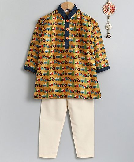 Asthetika Horse Printed Full Sleeves Kurta & Pajama Set - Yellow