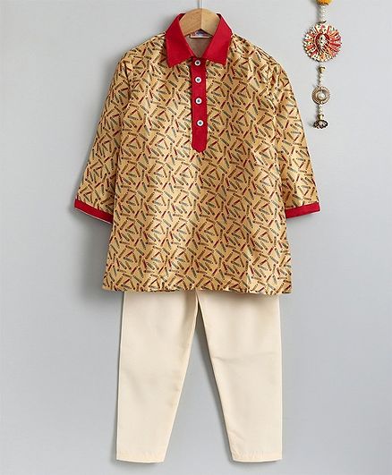 Asthetika Pencil Print Full Sleeves Kurta & Pyjama Set - Brown Cream