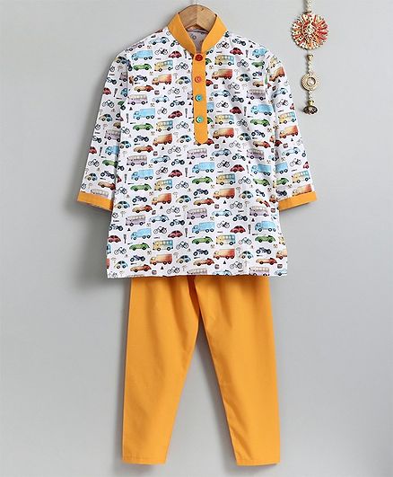 Asthetika Full Sleeves Vehicles Print Kurta & Pyjama Set - White Yellow
