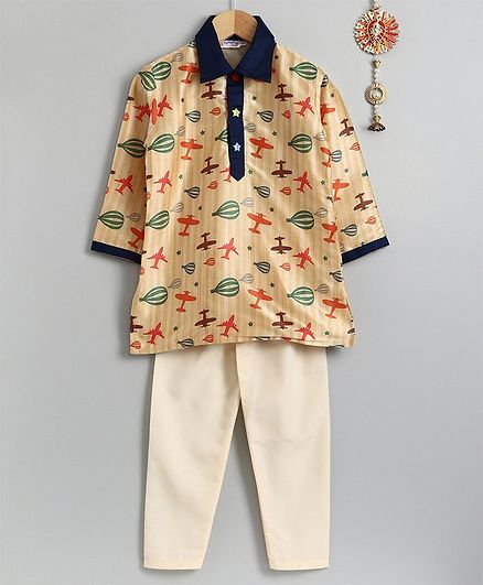 Asthetika Parachute Print Full Sleeves Kurta With Pyjama - Yellow Cream