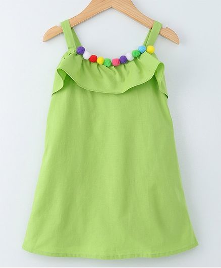 Mish Organic Pom Pom Lace Detailing Sleeveless Organic Cotton Dress - Light Green