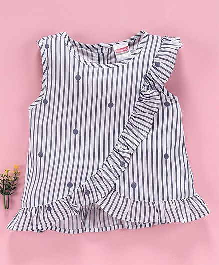 Babyhug Sleeveless Stripe A Line Top Ruffle Detailing - White Grey
