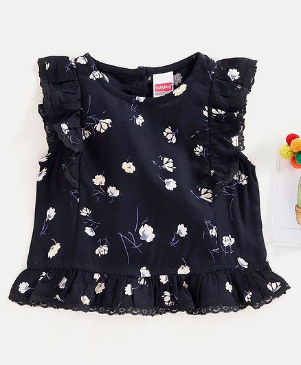 Babyhug Flutter Sleeves Top Floral Print - Navy Blue