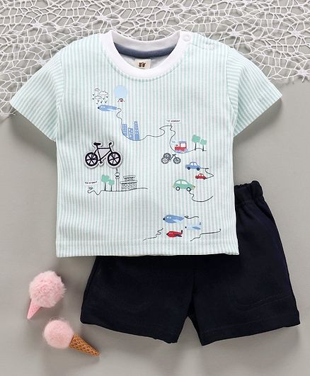 ToffyHouse Half Sleeves Tee & Shorts Vehicles Print - Navy Blue