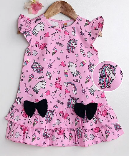 Dew Drops Flutter Sleeves Frock Unicorn Print - Light Pink