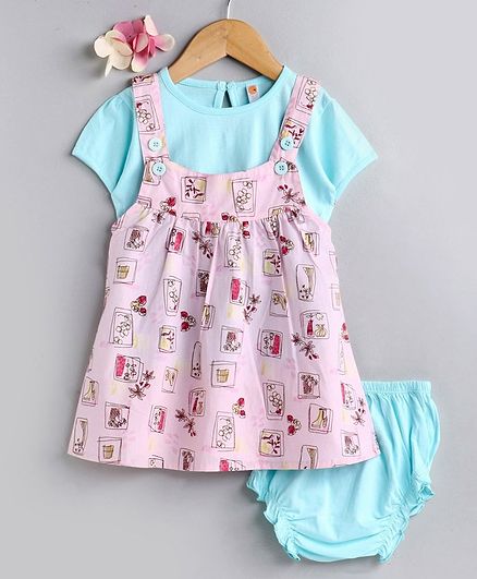 Dew Drops Dungaree style Frock with Inner Tee & Bloomer Floral Print - Pink Blue